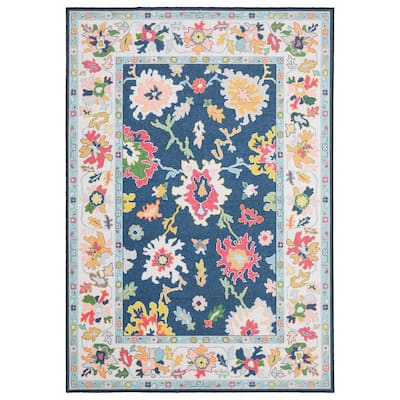 Ainsley Traditional Bordered Floral Blue/ Multi Printed Washable Flat Pile Area Rug