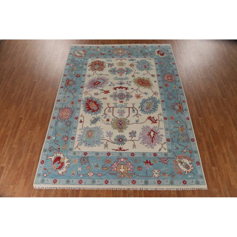 Floral Ivory Oushak Oriental Area Rug Hand-Knotted Wool Carpet - 9'1"x 12'0"