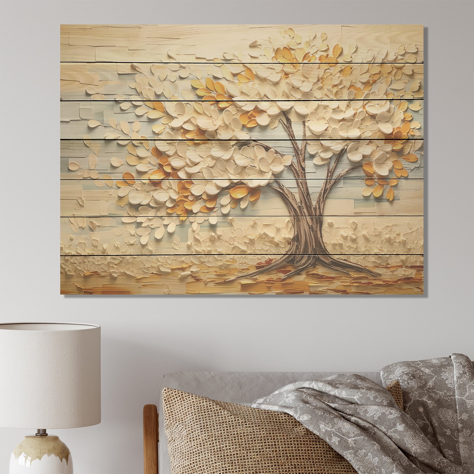 Designart "Minimalism American Basswood Tree IV" Tree Wood Wall Art - Modern White Wood Print on Natural Pine Wood Print