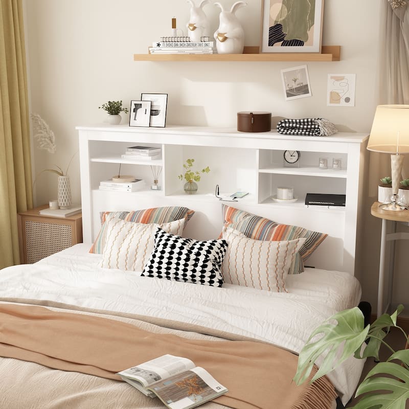 65"W Timechee Wooden Bookcase Headboard With Light