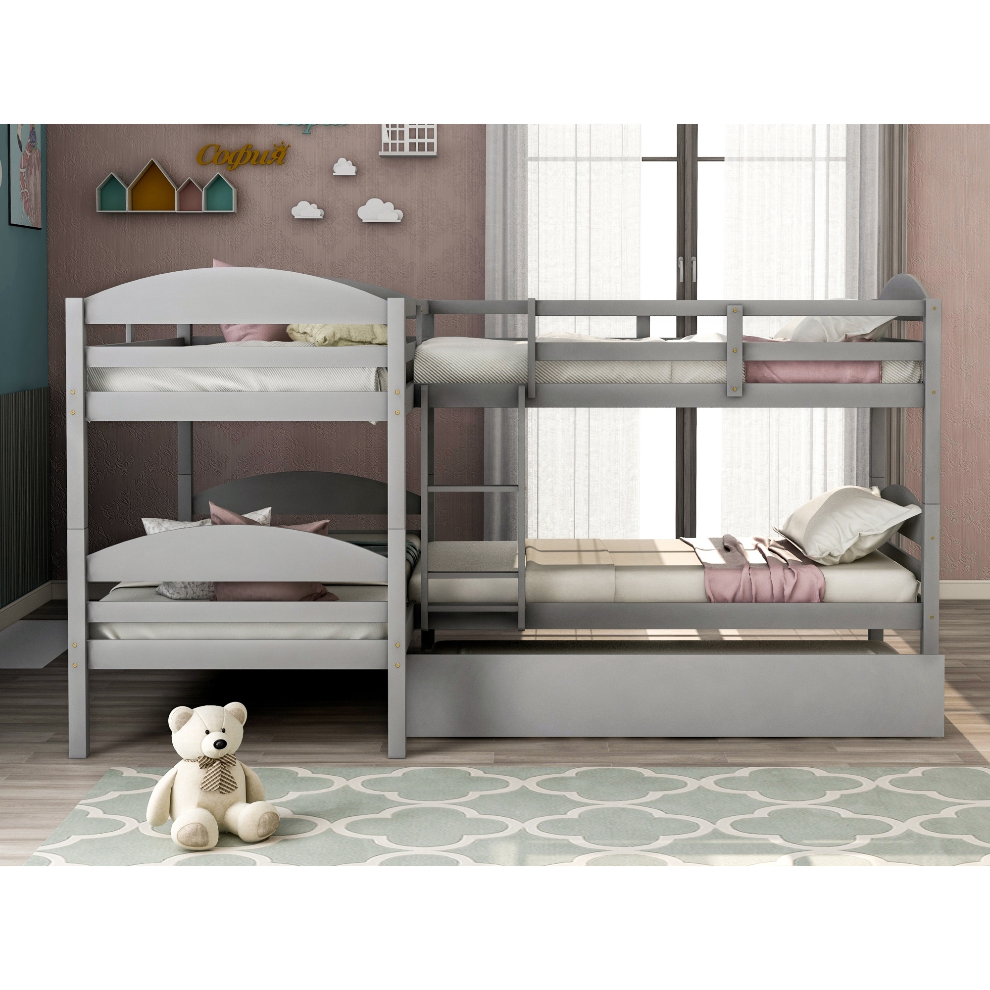 Roomfitters Twin L-Shaped Bunk Bed, Pull-Out Trundle, Wood 5-Person Corner Bed Frame, Safety Guardrails & Built-In Steps