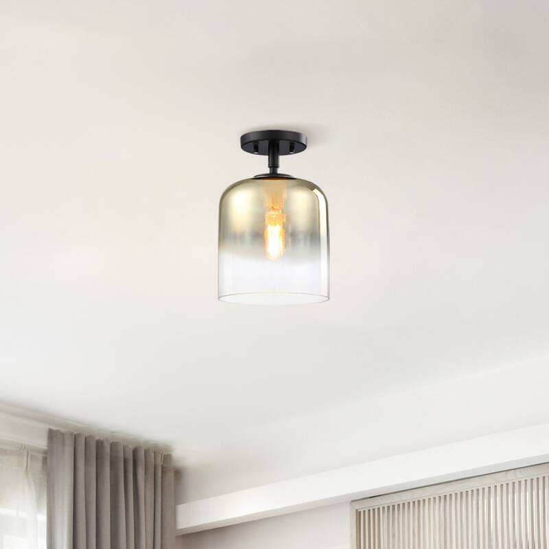 Gatsby 8.5 in. 1-Light Matte Black Mid-Century Modern Semi Flush Mount with Gold Ombre Shade for Bedrooms - 12.5