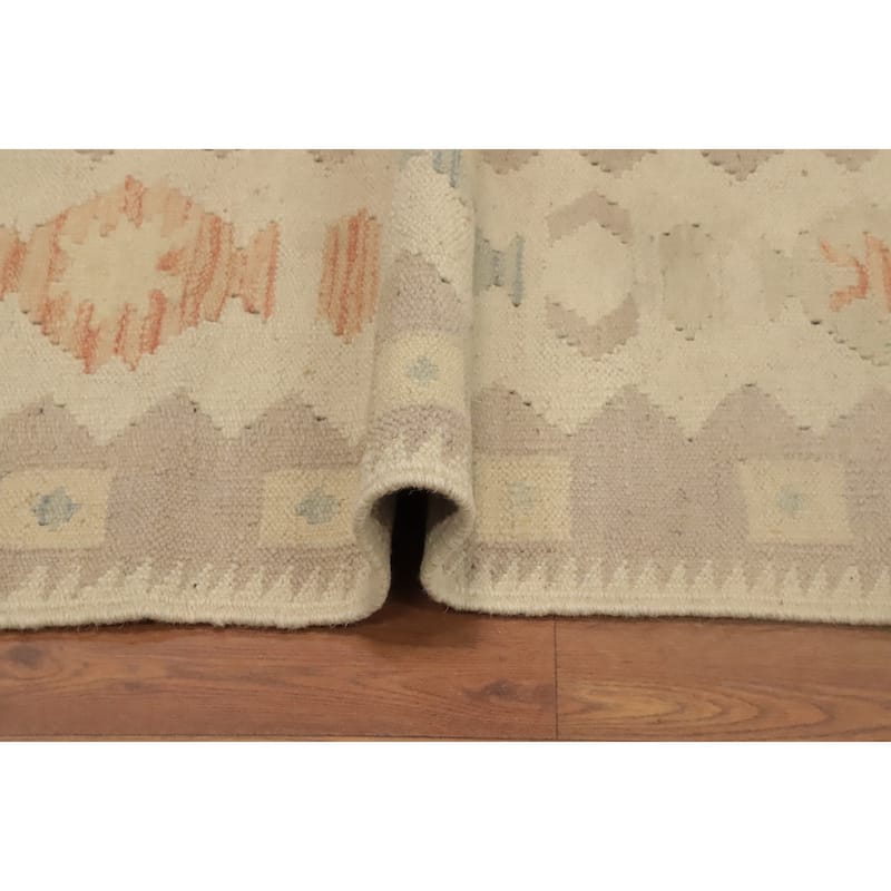 Hand Woven Oriental 100% Wool Carpet Southwestern Tribal Beige & Ivories Kilim Area Rug - 4' 3'' X 1' 7''