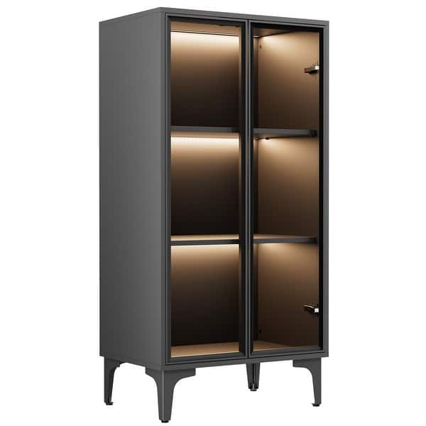 23" Farmhouse Double Glass Door Solid Wood Display Cabinet with LED Light & Ajustable Shelves
