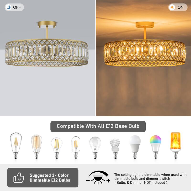 Starsky Luxury Crystal Drum Dimmable Semi Flush Mount Light