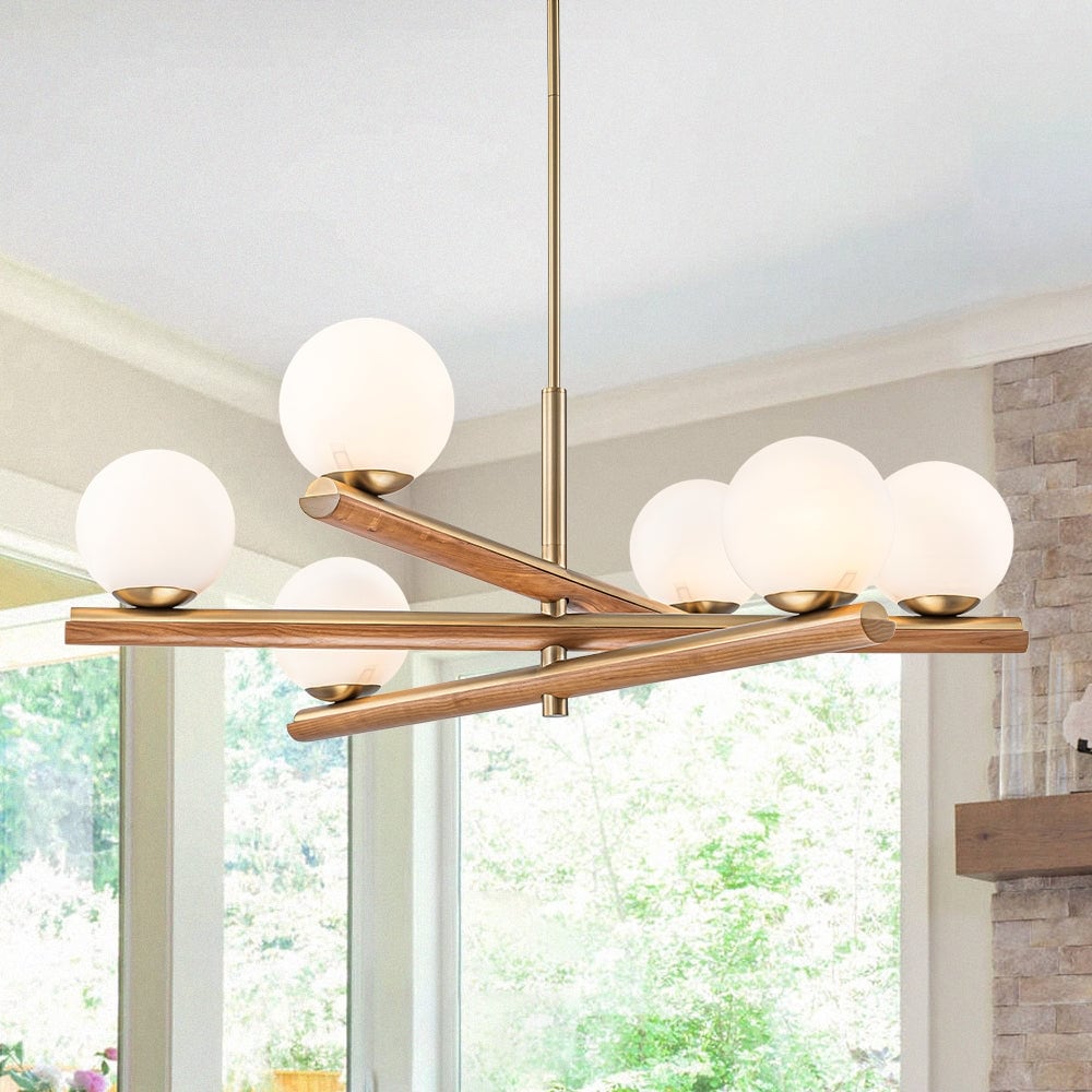 Mid-Century 6-Light Wood-trim Frosted Glass Linear Chandelier - 36.0 in