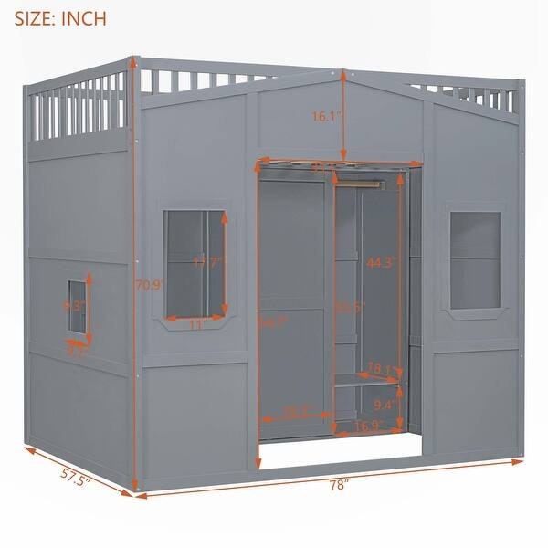 dimension image slide 3 of 5, House Loft Bed With Ladder and Wardrobe