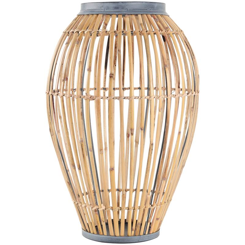 Brown Bamboo Wood Handmade Open Frame Decorative Vase with Blue Metal Accents