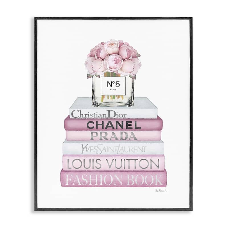 Stupell Pink Rose Bouquet and Fashion Designer Bookstack Framed Wall Art - 16 x 20 - Black