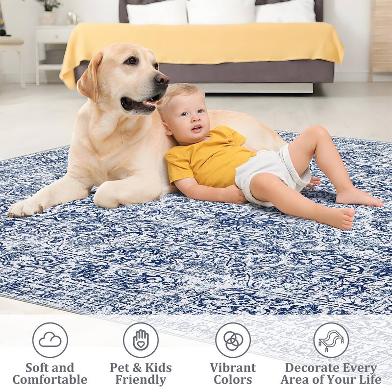 Vintage Area Rug Washable Rug Floral Living Room Rugs Non Slip Low Pile Throw Rugs
