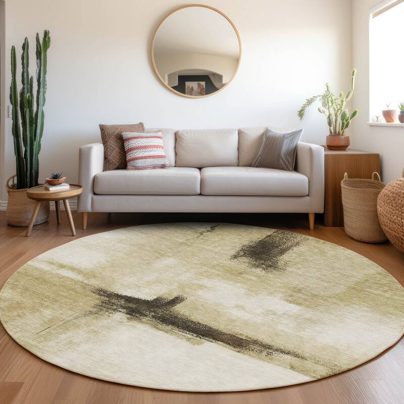 Machine Washable Indoor/ Outdoor Contemporary Abstract Chantille Rug - Wheat - 8' x 8'