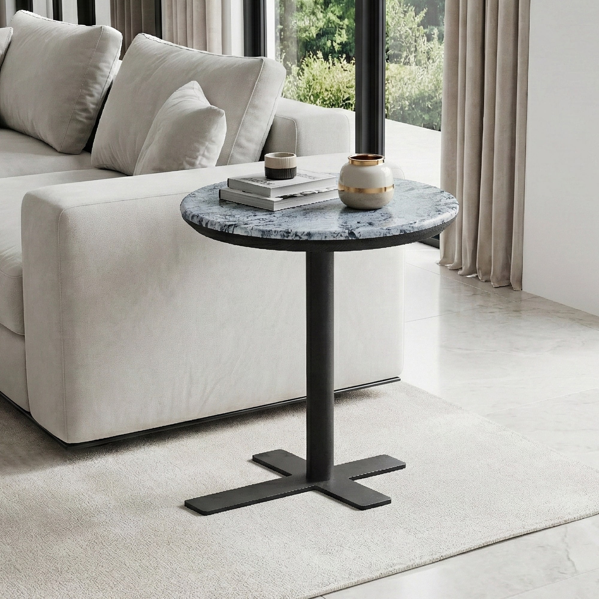 Modern Round Accent Side Table - Natural Crystal Stone Tabletop with Black Metal X-Base
