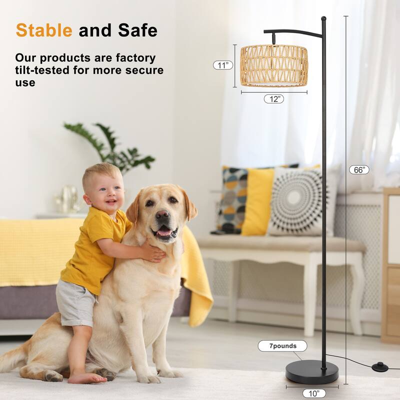 Netin 66" Boho Rattan & Fabric Shades Floor Lamp, Adjustable 3 Color Temperatures with Remote - Black