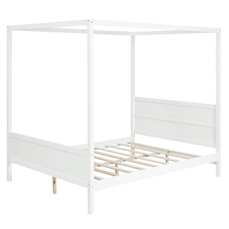 HomeRoots White Inlaid Panels Wood Queen Canopy Bed