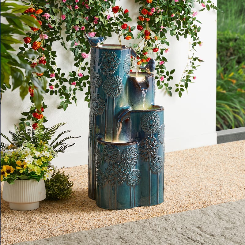 Glitzhome 31.75"H 4-Tier LED Vase-Shaped Ceramic Outdoor Floor Fountain with Birds/ Lotus