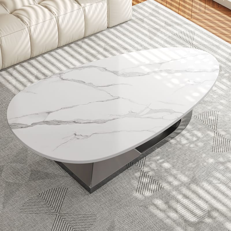 GDFStudio - Contemporary 51.2" Oval Sintered Stone Coffee Table with Sculptural Stainless Steel Base