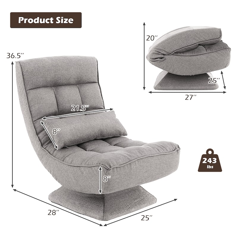 Polyester Swivel Floor Chair with 5-Position Adjustable Recline and Lumbar Pillow