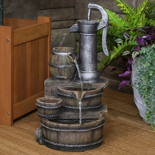 slide 1 of 8, Cozy Farmhouse Pump and Barrels Outdoor Fountain with LED Lights