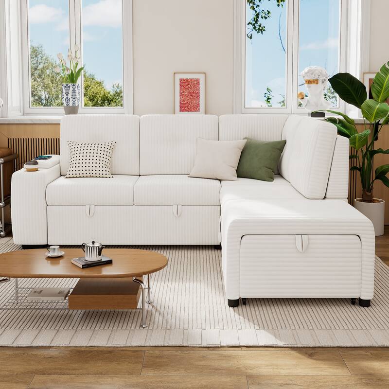 94" L Shaped Sectional Sleeper Sofa with Movable Ottoman and USB Ports