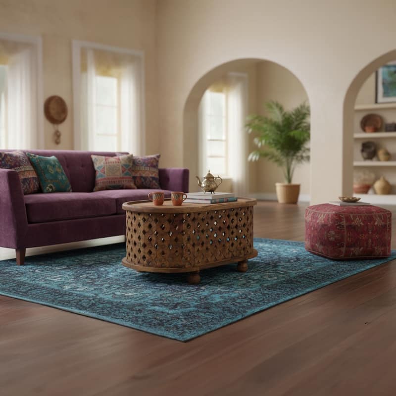 36 Inch Handcrafted Oval Coffee Table, Intricate Cutout Design, Antique Brown