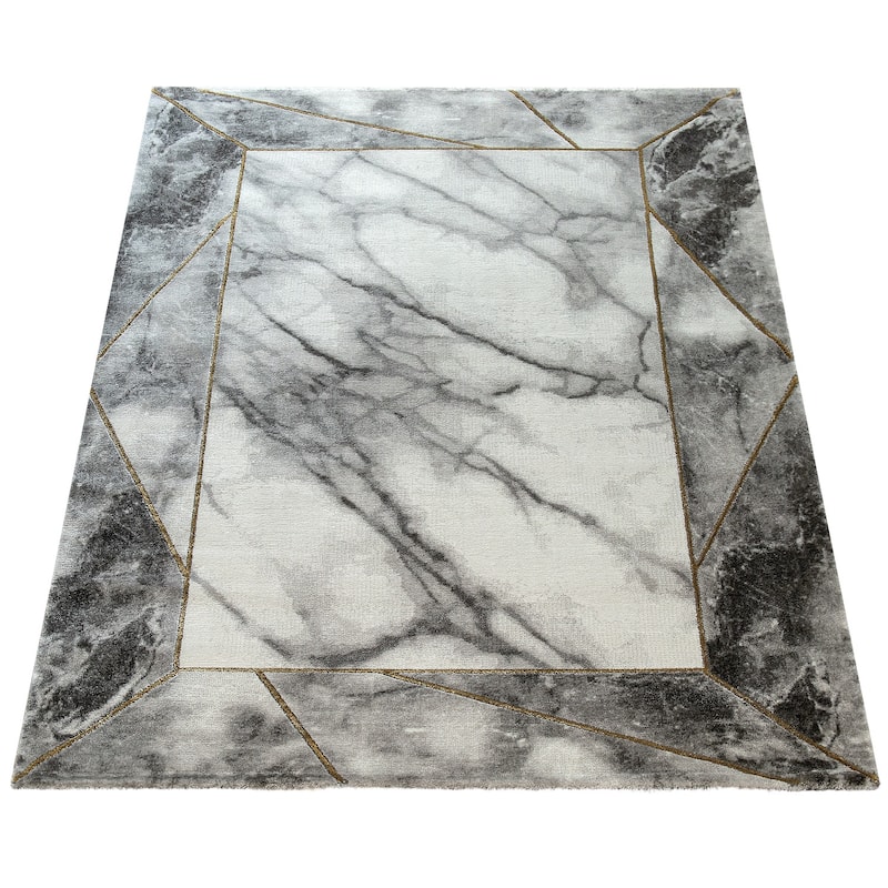 Grey Gold Cream Living Room Rug with Marble Pattern in 3D