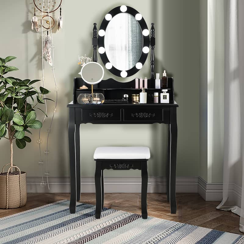 Costway Vanity Table Table 10 Dimmable Bulbs Black White Brown