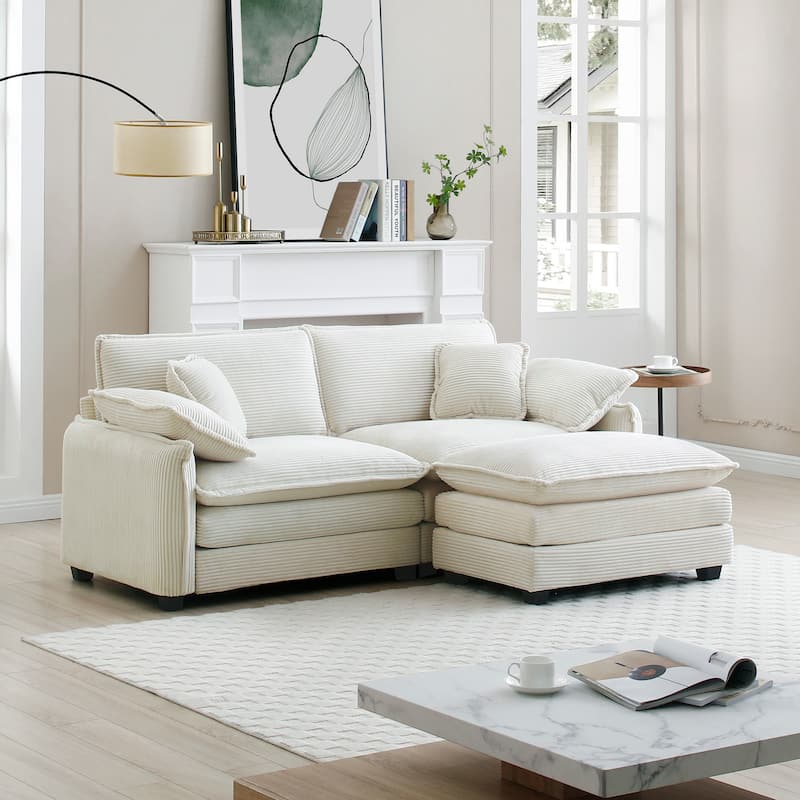 3-piece Corduroy Upholstered L-Shaped Modular Sectional Sofa with Removable Ottoman, 4 Pillows, and Free Combination