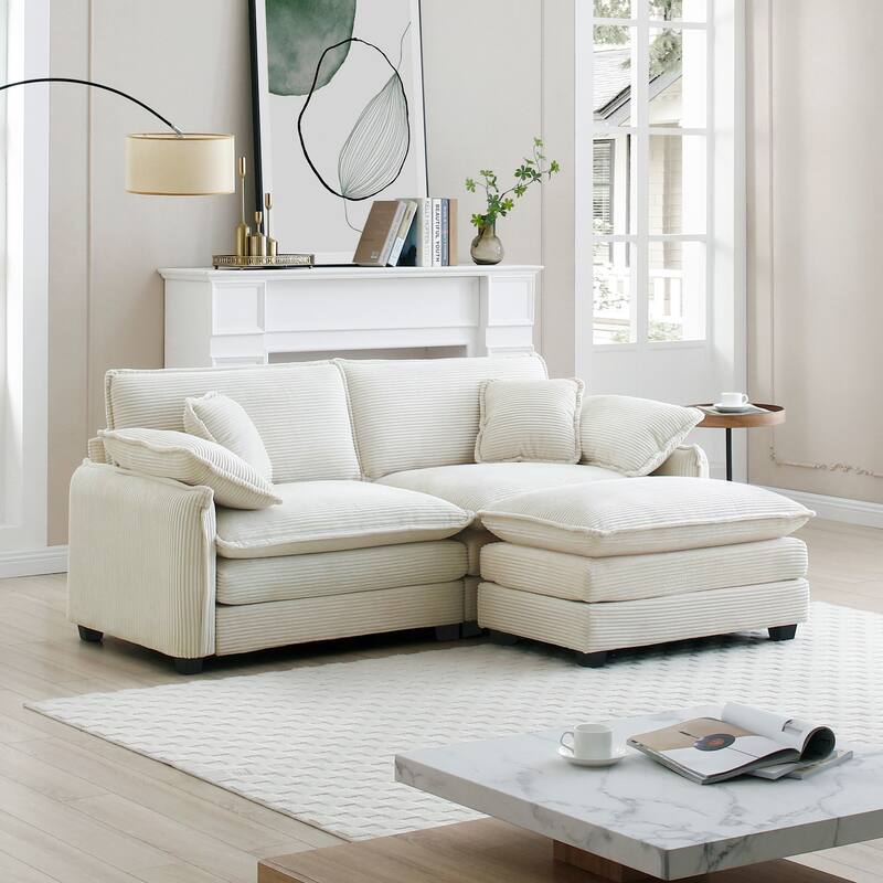 Beige 3-Piece Corduroy L-Shaped Modular Sectional Sofa with Ottoman & 4 Pillows