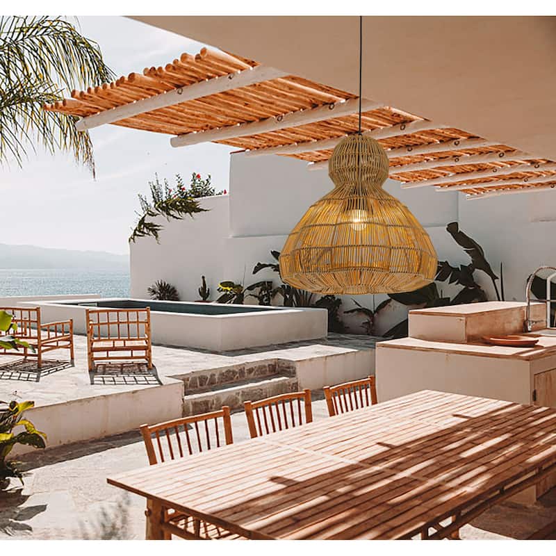 Ciel 1-Light Wicker Outdoor Pendant Light, Coastal Boho Style Scalloped- Handwoven