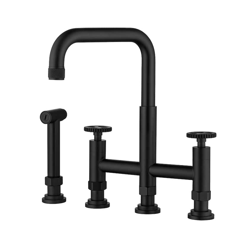 4 Hole Industrial Bridge Kitchen Faucet with Side Sprayer Commercial Stainless Steel Kitchen Sink Faucet 360 Degree Swivel - Matte Black