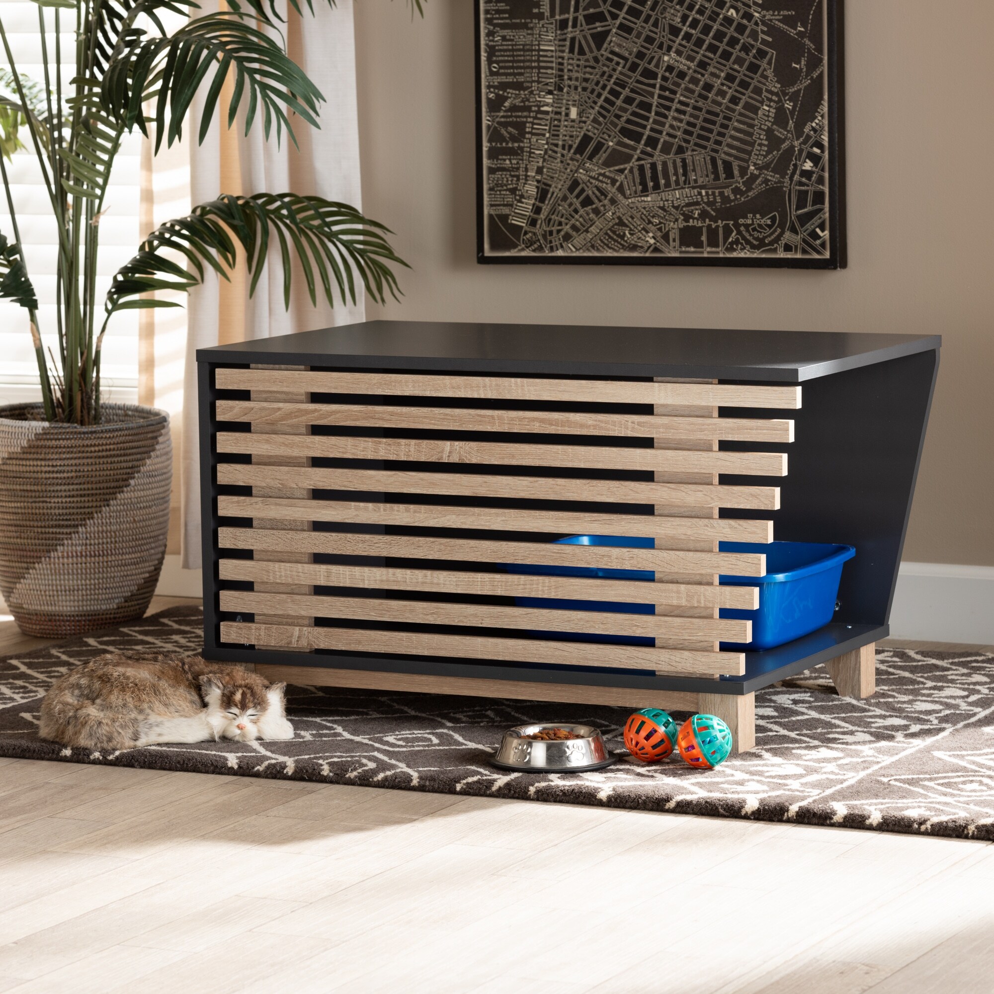 Eckhart Modern and Contemporary Two-Tone Wood Cat Litter Box & House
