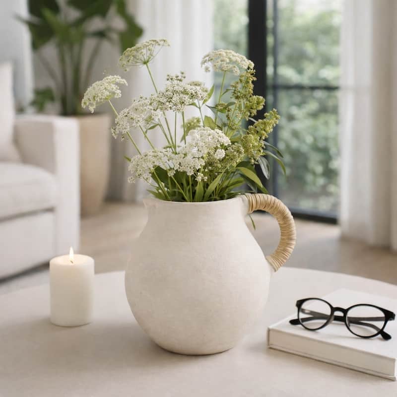 Pottery Vase with Woven Rattan Handle - Tall Flower Vase