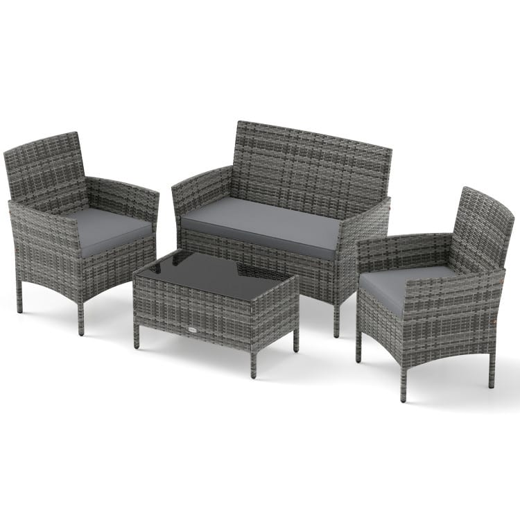 4 Piece Outdoor Rattan Patio Set with Cushions and Glass Table - 39.5" x 22.5" x 32"
