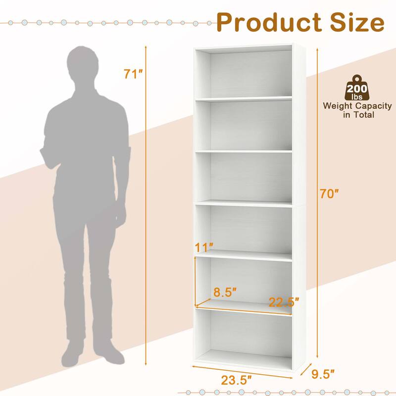 Costway 70" Tall 6-Tier Bookcase with 6 Open Shelves Anti-Toppling - See Details