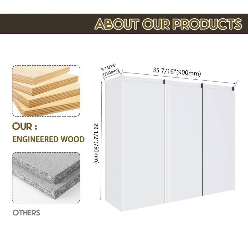 12" Bathroom Side Cabinet, 3-Soft Close Doors, Float Mounting Design