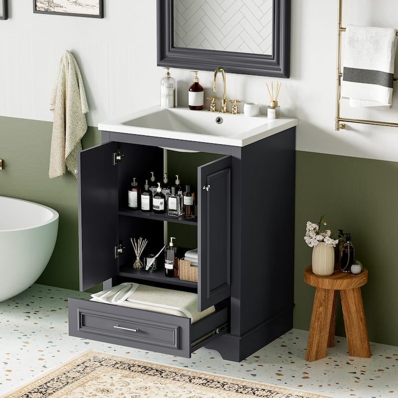 24'' Bathroom Vanity with Ceramic Sink Combo, Modern Freestanding Storage Cabinet with Silver Handles, Soft Closing Doors