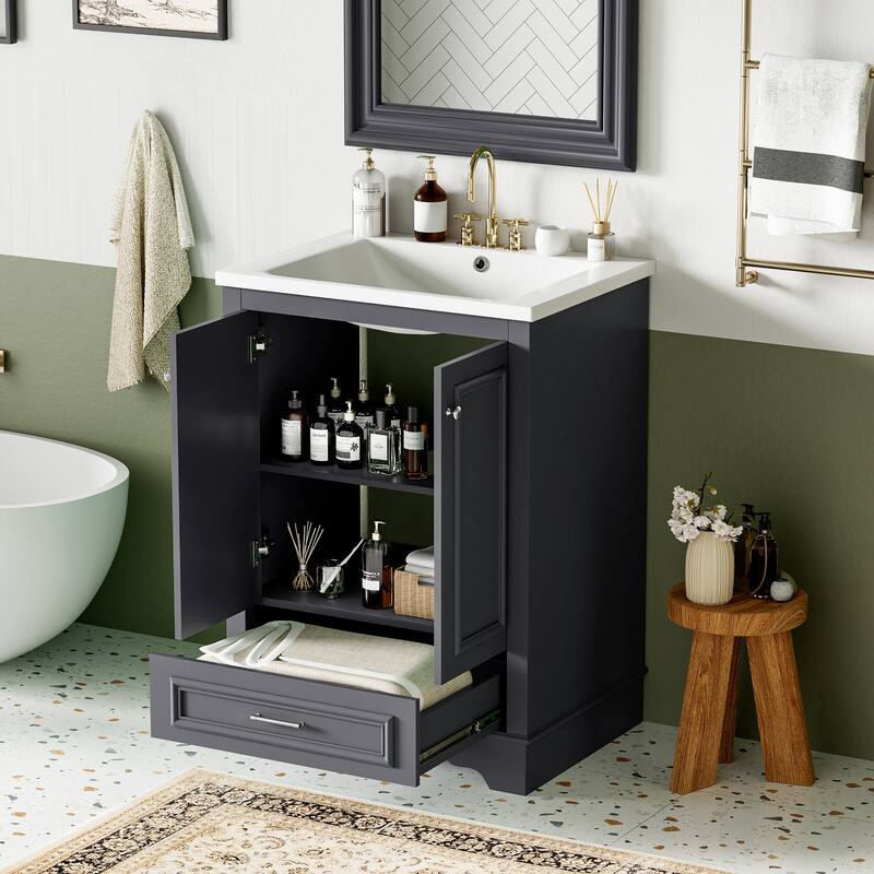 GDFStudio - Halcyon Modern Freestanding Bathroom Vanity with Ceramic Sink and Soft-Closing Storage Doors & Silver Handles