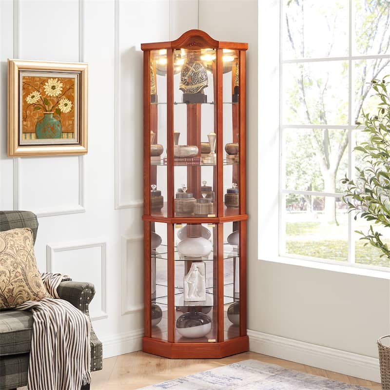 Lighted Corner Display Cabinet with Adjustable Glass Shelves - Oak