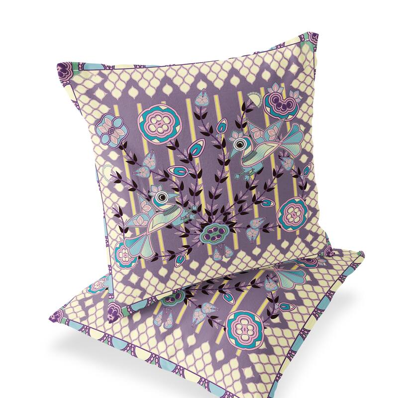 HomeRoots Set of Two 16" X 16" Blue and Purple Peacock Blown Seam Floral Indoor Outdoor Throw Pillow - 16.00' X '16.00' X '5.00