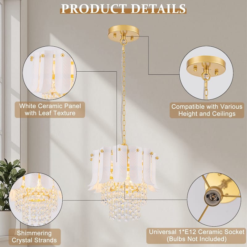 Brushed Gold Crystal Pendant Light with White Ceramic Shades Dining - Dia.9.84-in