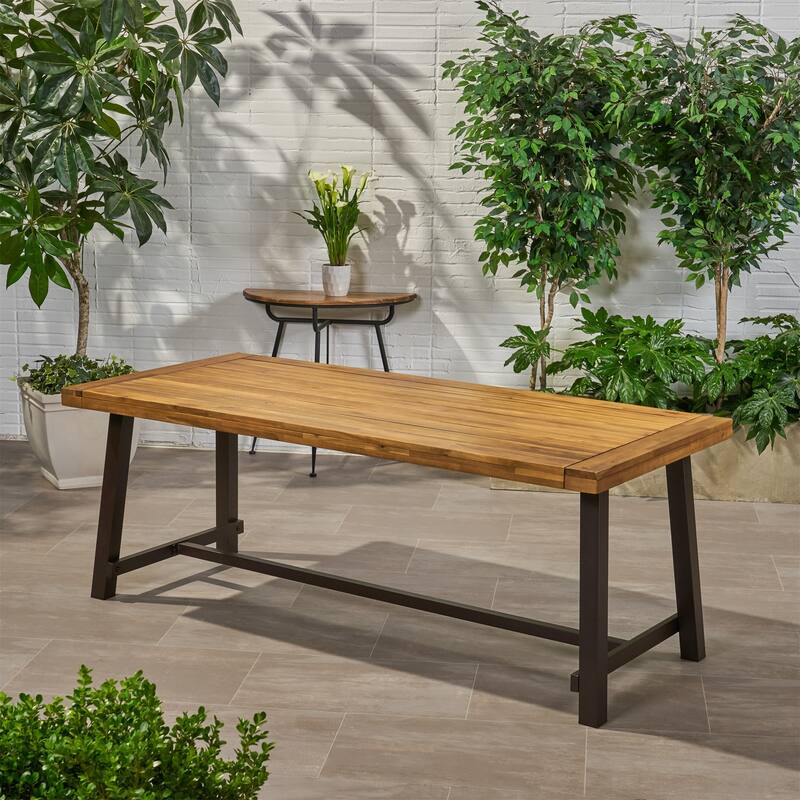 Merax Outdoor Wooden Dining Table, Metal Frame - Brown
