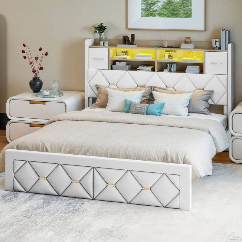Farmhouse Bed Frame Upholstered Headboard Platform Bed with Charging Station
