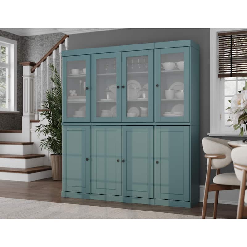 100% Solid Wood 65" Pantry China Cabinet with Solid, Frosted Glass Doors and Adjustable Shelves - Aqua Blue