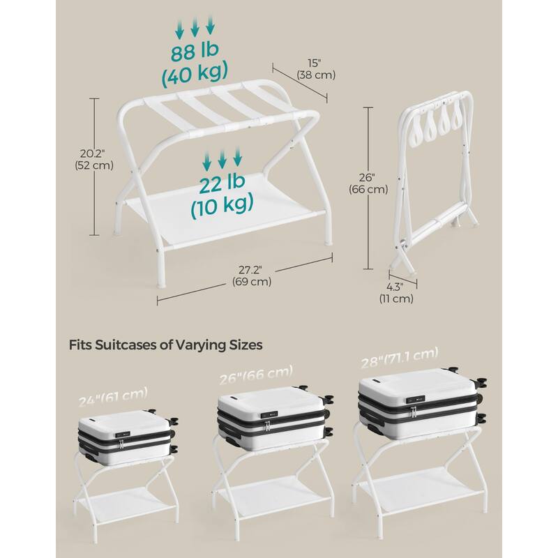 Steel Luggage Rack with Foldable Frame, Straps, and Storage Shelf