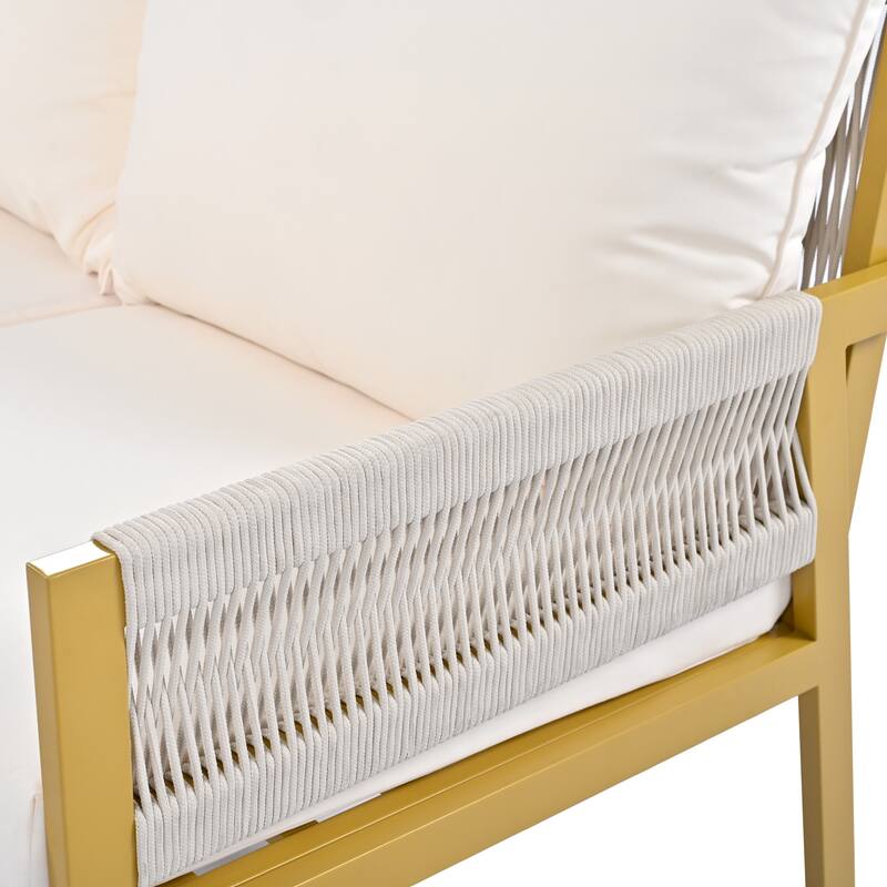 4-Piece Metal Rope Patio Conversation Set with Tempered Glass Table and Cushions