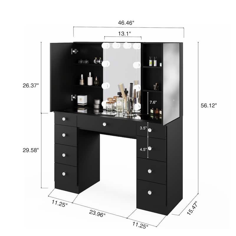 Boahaus Hollywood Makeup Vanity Desk with Lighted Mirror and Power Station; Modern Dressing Table with Storage Drawers