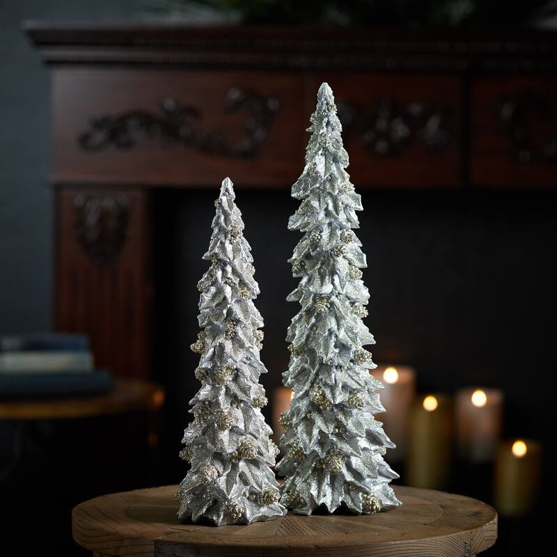 Glittered Holly Leaf Pine Tree (Set of 2) - N/A