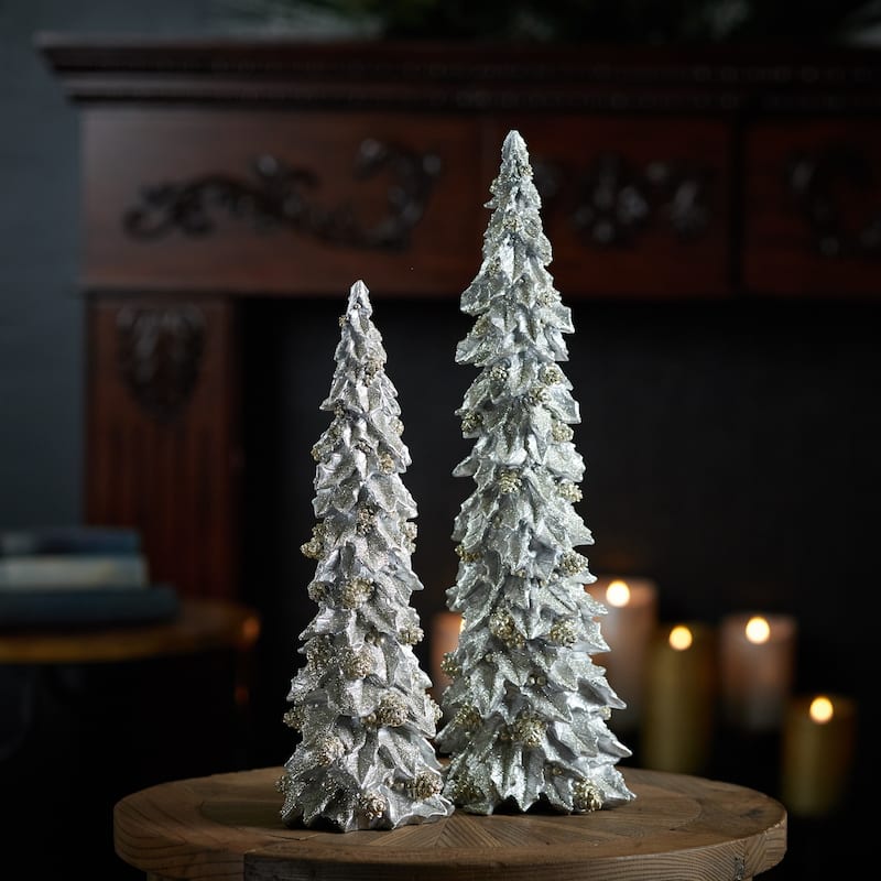 Resin Holly Tree Set of 2 for Holiday Decor Silver Gold Glitter - 5” x 4” x 14.75”