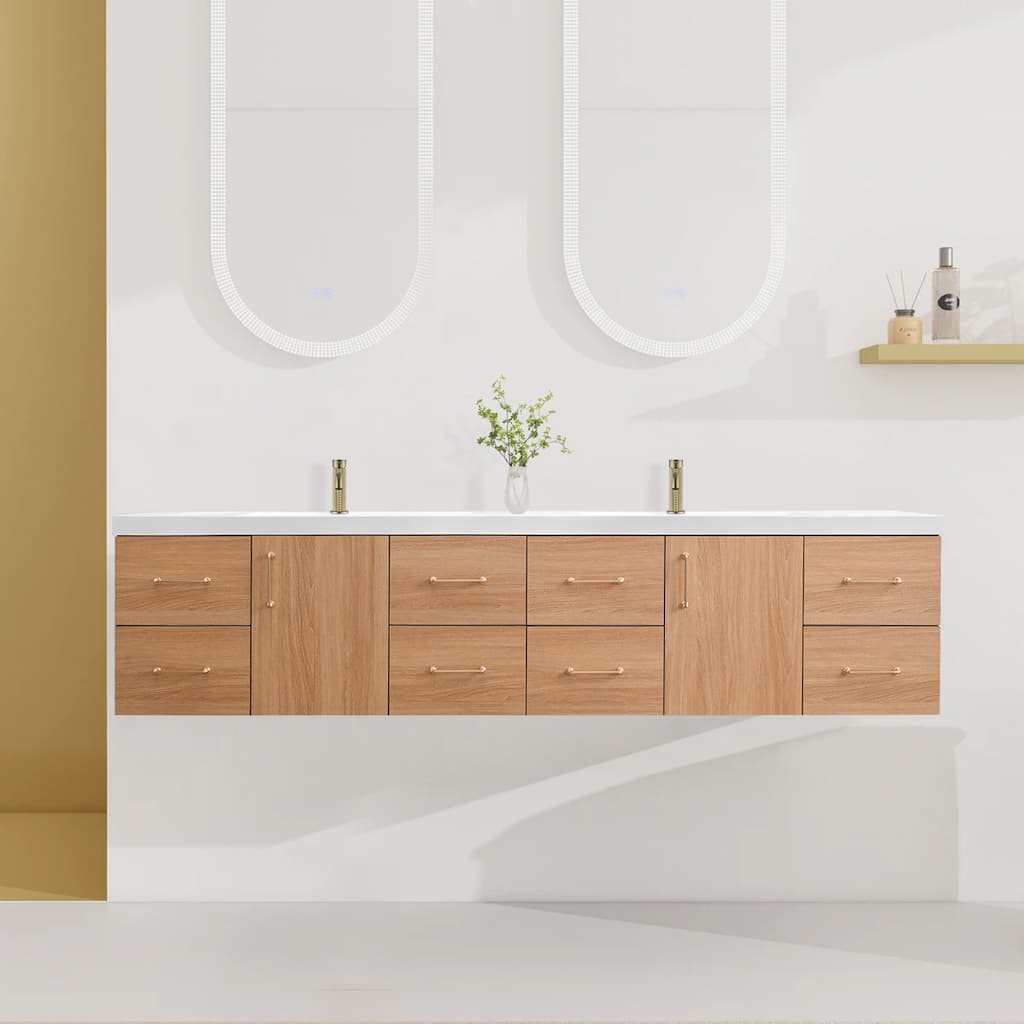 StellarArc 84 in Wall Mounted Double Sink Bathroom Vanity with Integral Sink Top