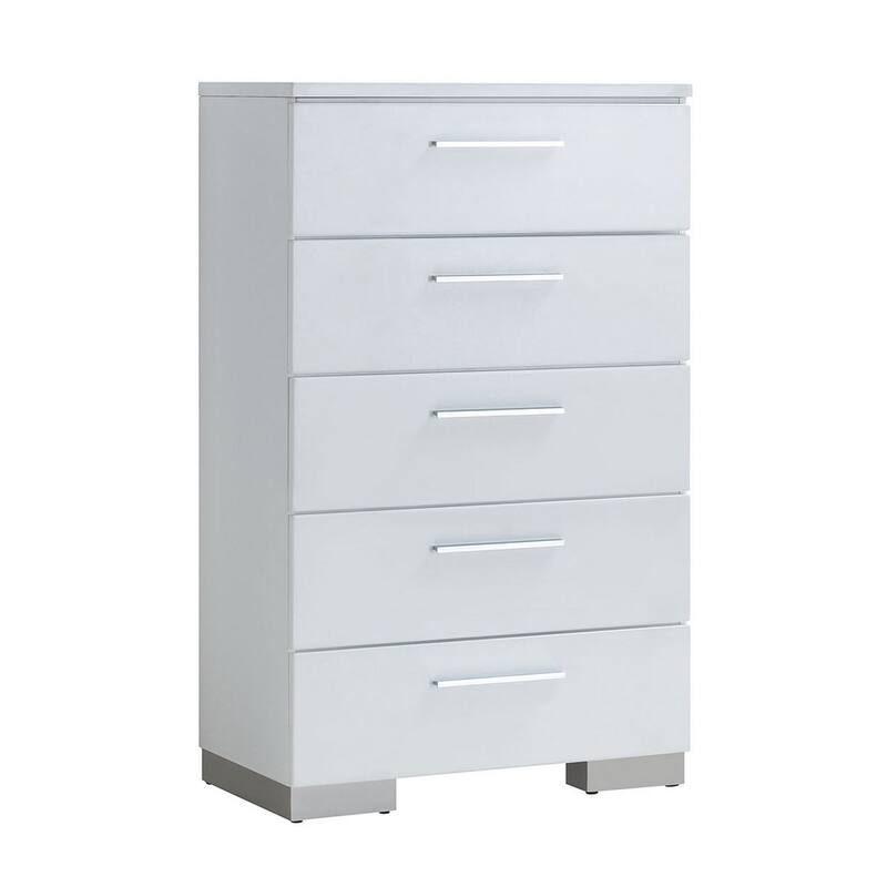 Contemporary Solid Wood Chest With Five Drawers, Glossy White